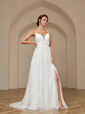Elegant And Luxurious Romantic White V-Neck Butterfly Net Lace Sexy Halter High Slit Big Bottom Holiday Informal Big Train Wedding Dress