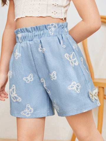 Young Girls' Sweet And Casual Japanese Style Butterfly Print Straight Denim Shorts