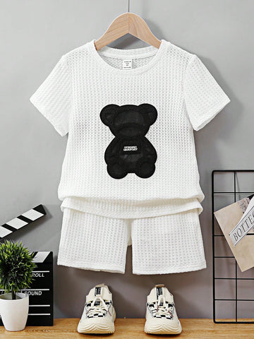 2pcs Young Boys' Lovely Bear & Letter Embroidery Short Sleeve Waffle Fabric T-Shirt And Shorts Set