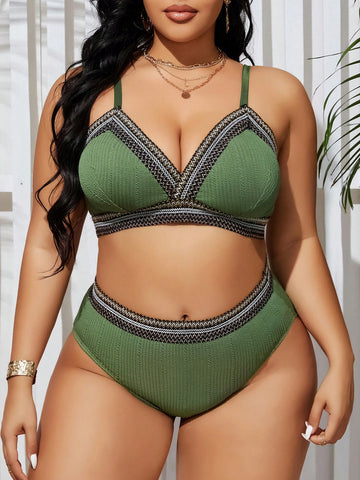 Plus Size Embroidered Spliced Swimsuit Set With Thin Straps