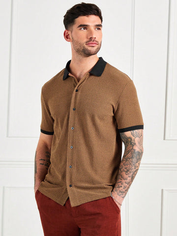 Men's Casual Fit Cardigan Knitted Jacquard Brown And Black Contrast Short-Sleeved Polo Shirt