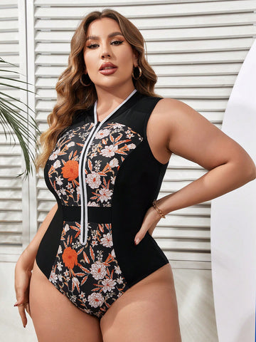 Plus Size Floral Printed Zipper Front One-Piece Swimsuit