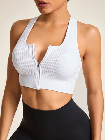 Solid Color Round Neck Hollow Out Zip Up Seamless Sports Bra
