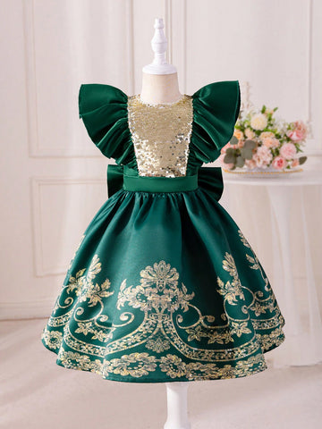 Young Girl's Vintage Pattern Patchwork Sequin Dress With Detachable Bowknot Decoration, Round Neck With Cap Sleeve