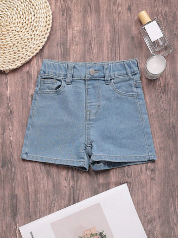 Young Girls' Basic Casual High Elasticity Skinny Denim Shorts With Pockets And Zipper Closure