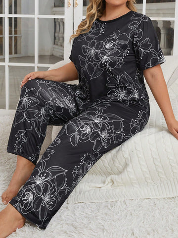 Plus Size Women's Casual Elegant Big Floral Short Sleeve Pants Pajama Set
