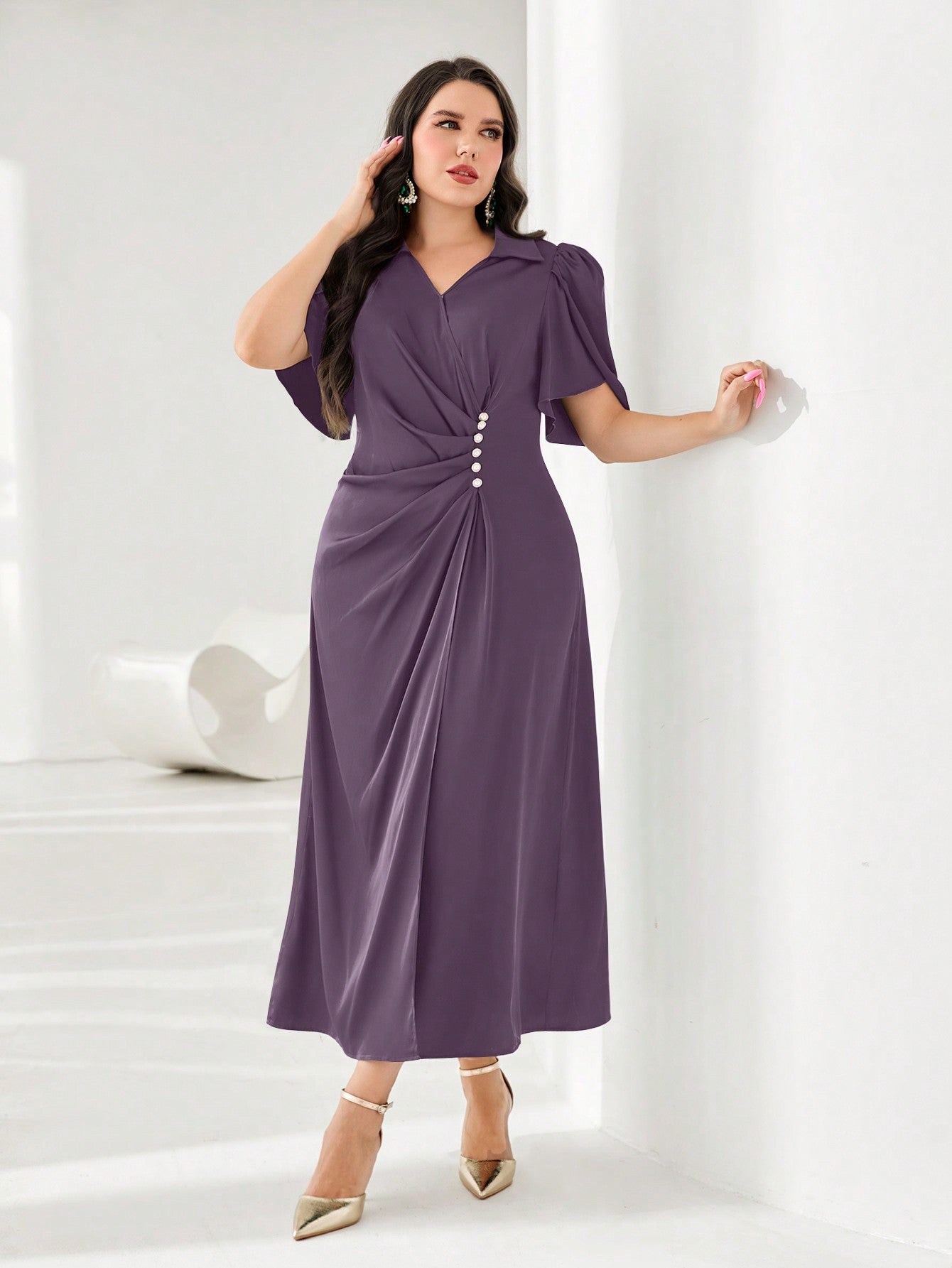Plus Size Plain Color Lapel Petal Sleeve Faux Pearl Pleated Dress Dress For Churches