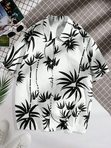 Men's Plant Printed Single Breasted Short Sleeve Shirt