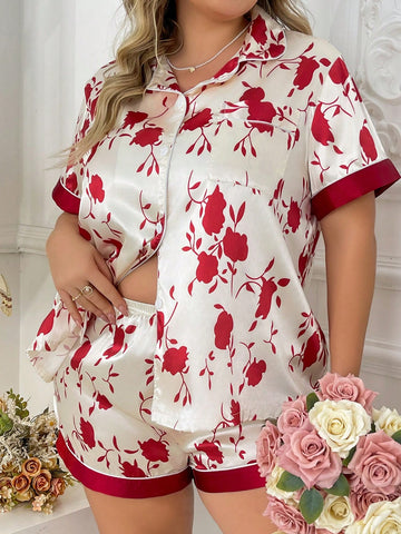 Floral Print Contrast Piping Lapel Plus Size Pajama Set