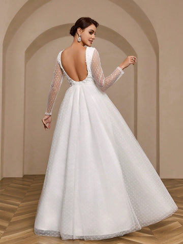 Three-Dimensional Flower U-Shaped Backless See-Through Long-Sleeved Wedding Dress With Full Swing