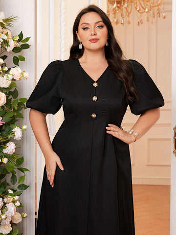 Plus Size Solid Color V-Neck Puff Sleeve Dress