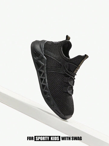Fashionable Black Breathable Mesh Running Shoes For Kids, Suitable For All Seasons, Outdoors