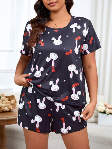 Plus Size Women's Rabbit Print Short Sleeve Top And Shorts Pajama Set