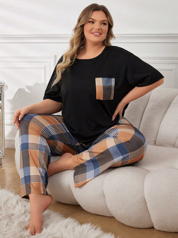 Plus Size Women's Plaid Casual Short Sleeve Pants Pajama Set With Pockets
