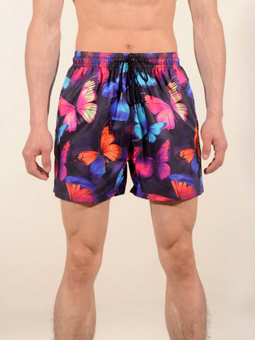 Men's Butterfly Pattern Printed Drawstring Beach Shorts