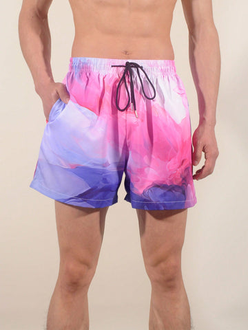 Men's Pink Purple Tie-Dye Drawstring Waist Beach Shorts, For Summer, Swimming
