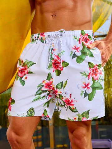 Men's Beach Shorts With Floral Print And Drawstring Waist Design