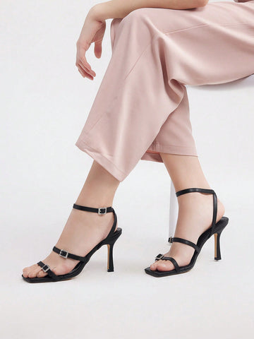 Women'S High-Heel Square Toe Sandals With Ankle Strap