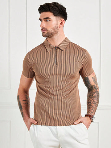 Men's Slim Fit Khaki Casual Zip Half Placket Short Sleeve Polo Shirt