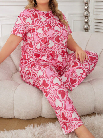Plus Size Women's Heart Pattern Short Sleeve Pajama Set