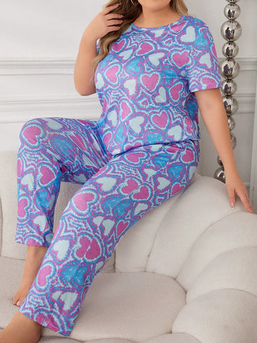Plus Size Women's Heart Print Short Sleeve Pajama Set
