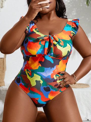 Plus Size Tie Dye Printed One-Piece Swimsuit With Straps