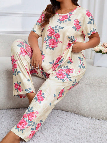 Plus Size Floral Printed Short Sleeve Top And Pants Pajama Set