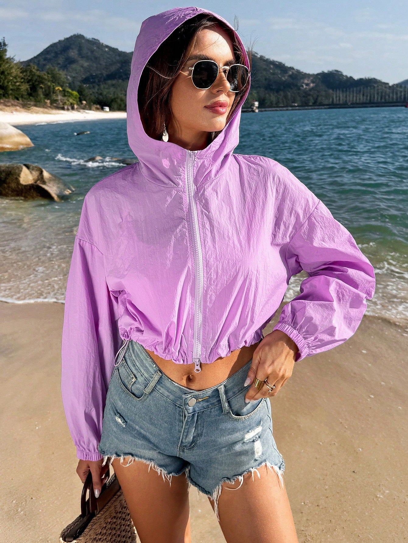 Women's Solid Color Hooded Double-Zipper Sunscreen Jacket