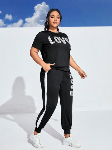 Plus Size Casual Letter Printed Top And Color-Blocking Elastic Cuff Jogging Pants Set