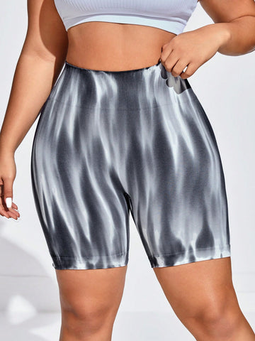 Seamless Tie-Dye Plus Size Sports Shorts With Butt Lifting Effect