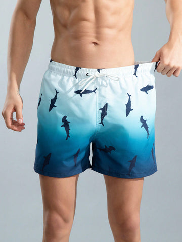 Men's Gradual Color Shark Print Drawstring Elastic Waist Beach Shorts