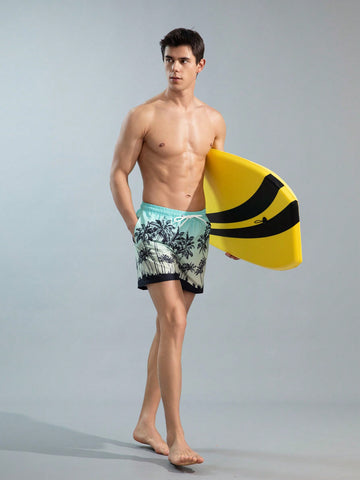 Men's Ombre Coconut Tree Print Elastic Waist Drawstring Beach Shorts