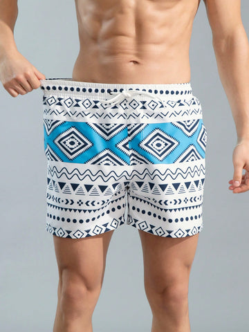 Men's Retro Printed Beach Shorts With Elastic Waistband And Drawstring