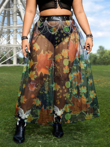 Plus Size Women's Maple Leaf Print Mesh Skirt