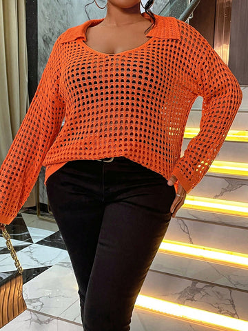 Plus Size Solid Color Hollow Knit Sweater