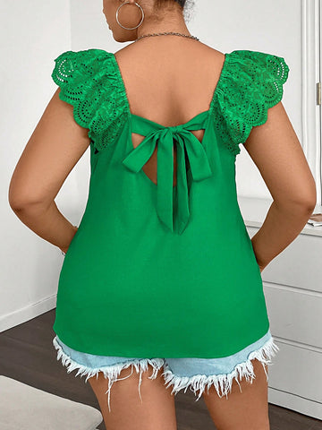 Plus Size Hollow Out Embroidery Detail Tie Back Blouse