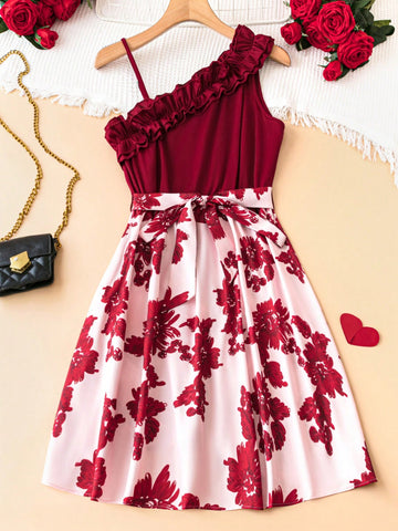 Plus Size Floral Printed Asymmetrical Neckline Ruffle Hem Dress With Patchwork Design