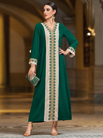 Color Block Beaded & Shell Decor Arabian Style Dress