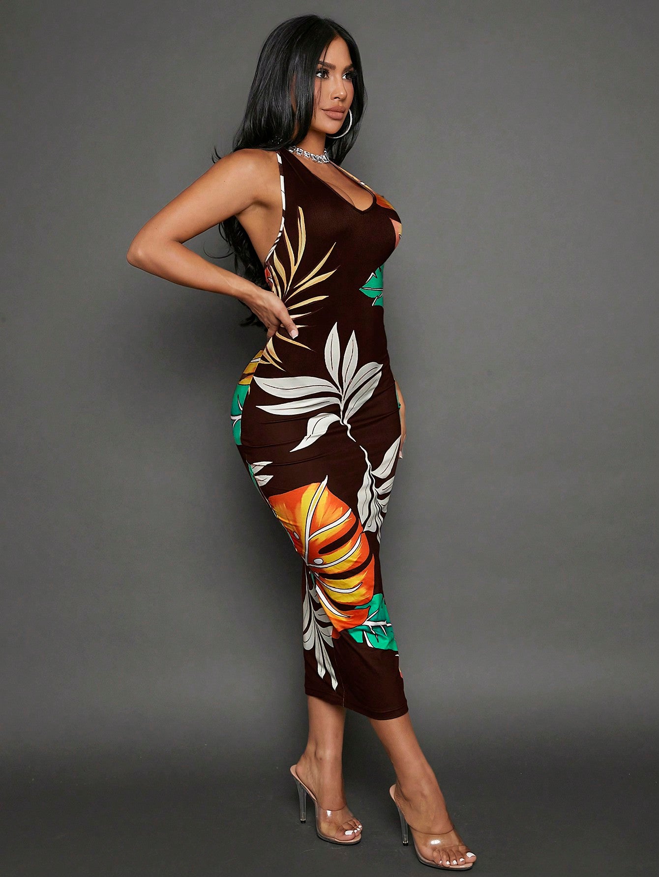 Tropical Printed V-Neck Bodycon Knit Dress With Backless & Halter Neck Design For Vacation