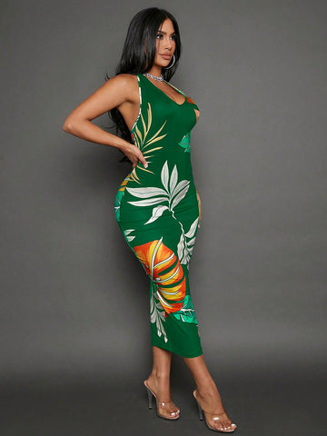 Women's Vacation Style Bodycon Halter Backless Floral Printed Dress With Plant Pattern