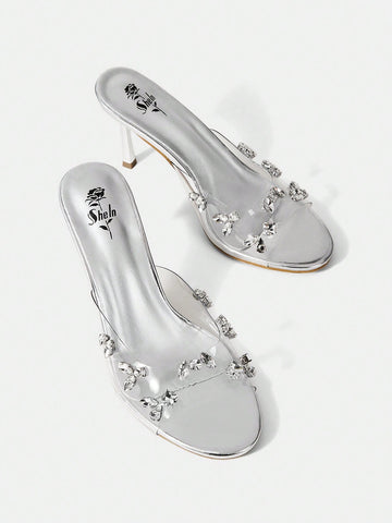 Women'S Round Toe High Heeled Sandals With Transparent Strap And Rhinestone Detail