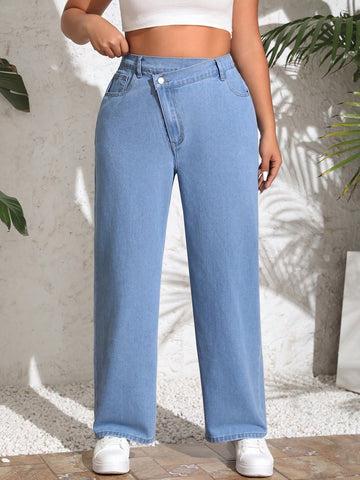 Plus Size Asymmetrical High Waist Loose Fit Casual Denim Jeans