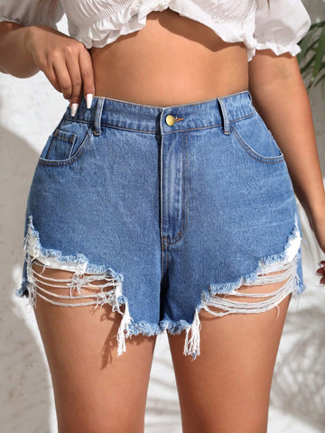 Plus Size Denim Shorts With Frayed Hem, Distressed Details And Diagonal Pockets