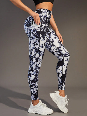 Floral Print High Waisted Sports Leggings With Phone Pocket