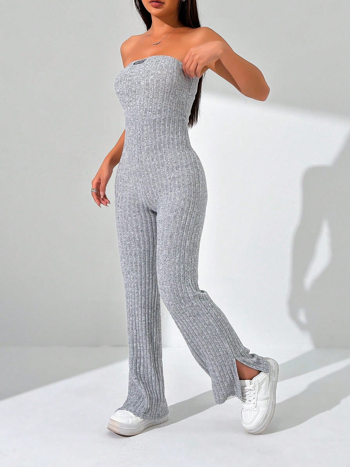 Women's Letter Print Jumpsuit With Plaid And Ribbed Details