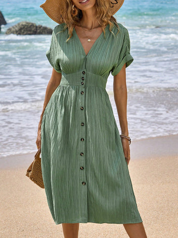 Summer Vacation Buttoned V-Neck Shirt Casual Dress