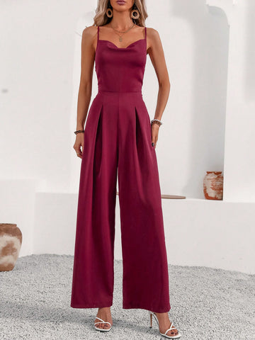 Solid Color Draped-Neck Collar Waist-Cinched Pleated Wide-Leg Jumpsuit