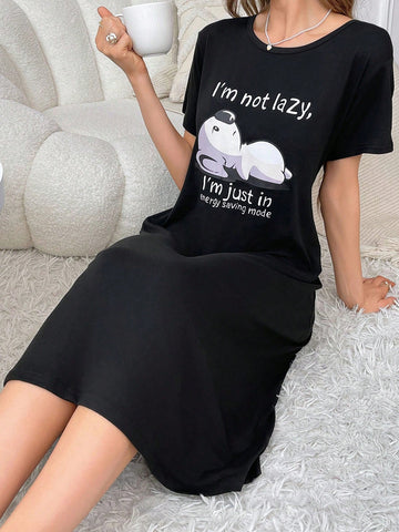 Women's Short Sleeve Sleep Dress With Slogan And Cartoon Print