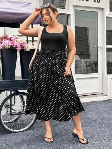 Plus Size Black Sleeveless Top & Polka Dot Printed Skirt Two Piece Set