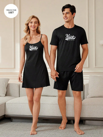 1pc Men's Round Neck Short Sleeve T-Shirt With Letter Print And 1pc Shorts Home Clothes Set